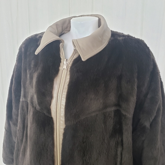 Reversible leather and faux fur coat taupe brown large unique heavy gorgeous - Picture 8 of 11